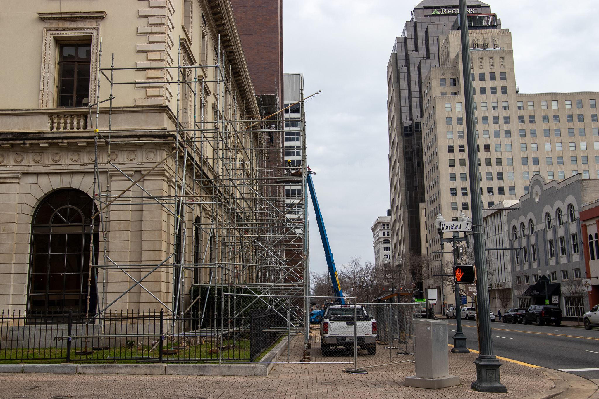 Scaffolding added to exterior of the building. Scaffolding added to exterior of the building.